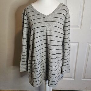 J. Jill Stripe V-Neck Top Women Textured Thermal Pullover Cotton Size XL